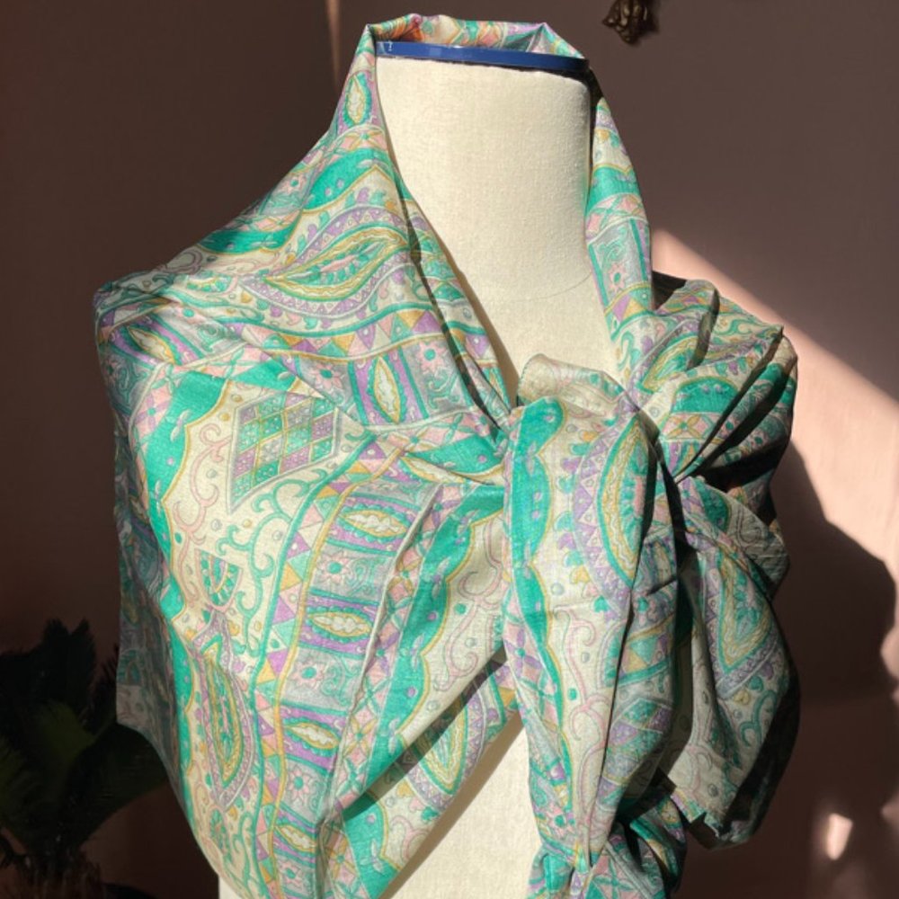 Handmade vintage pastel mint silk scarf